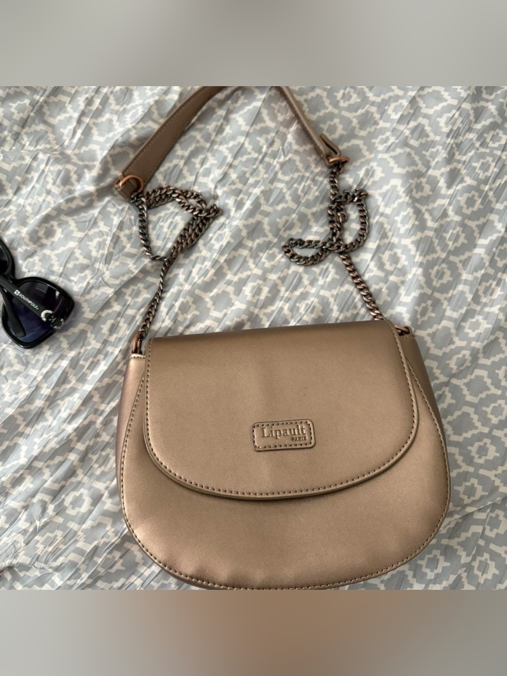 Lipault PARIS Rose Gold Leather Saddle Crossbody Bag Purse Chain Strap